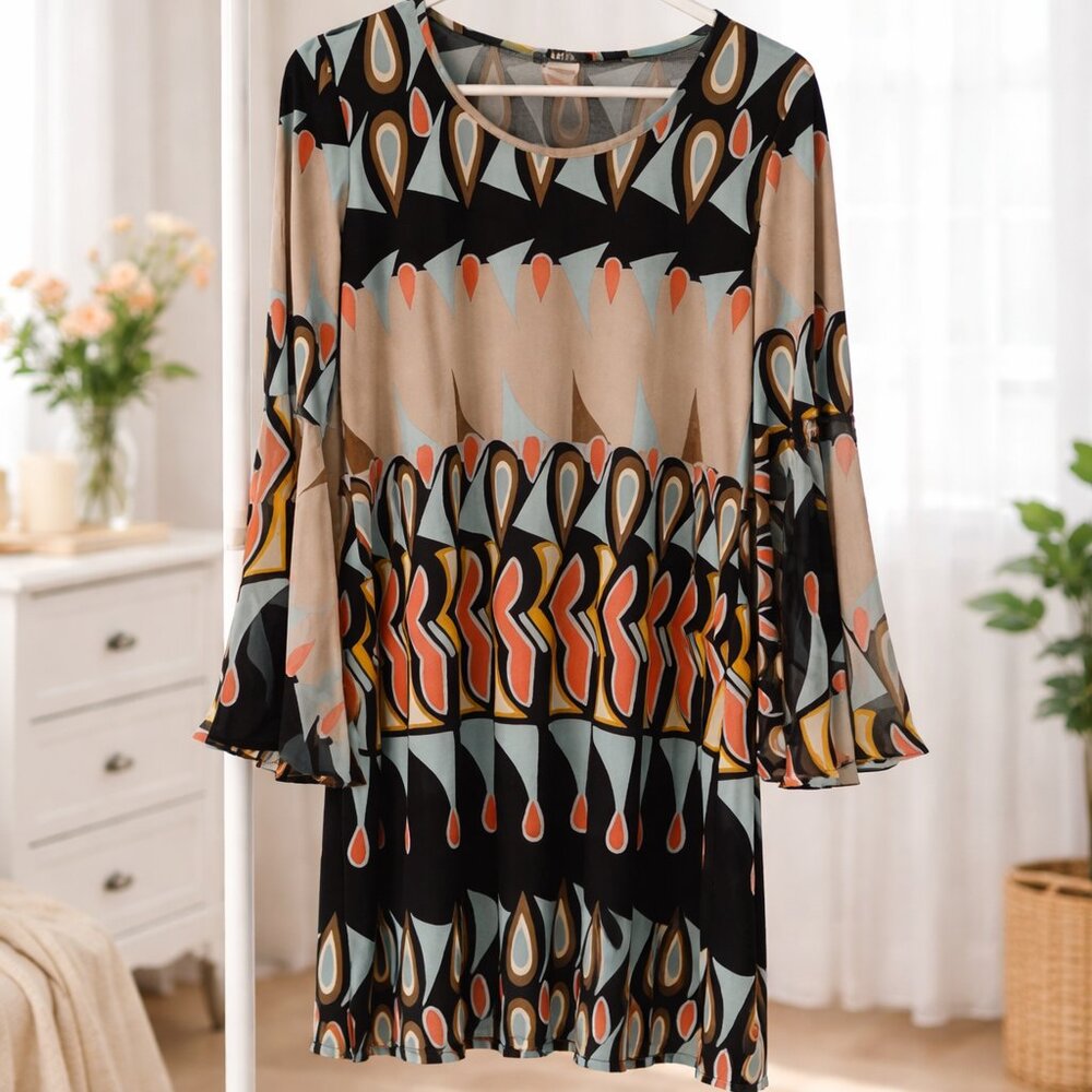 Psychedelic Print Boho Dress Sheer Bell Sleeve Retro Mod Tunic M - Picture 2 of 7